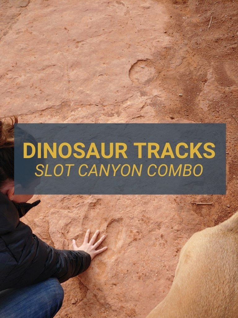 woman places her hand in a dinosaur track in Southern Utah